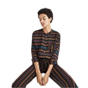Madewell Clermont Stripe Silk High-Low Hem Button Up Shirt Orange Black Small